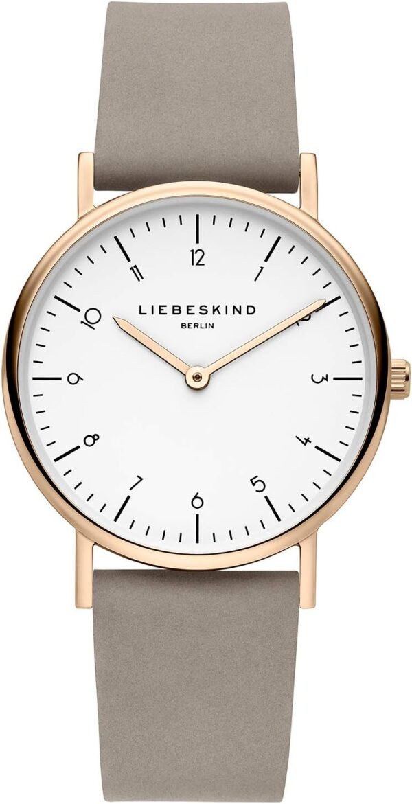 Liebeskind Damen Uhr mit roségoldenem Edelstahlgehäuse und grauem Lederarmband begeistert