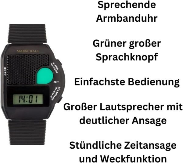 Marschall 1101 sprechende Armbanduhr mit großem Sprachknopf für Senioren und Blinde